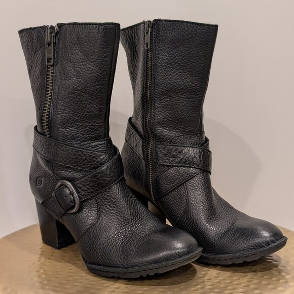 Born Heeled Low-Calf Moto Black Leather Boots - Women's sz 7 - Picture 2 of 12